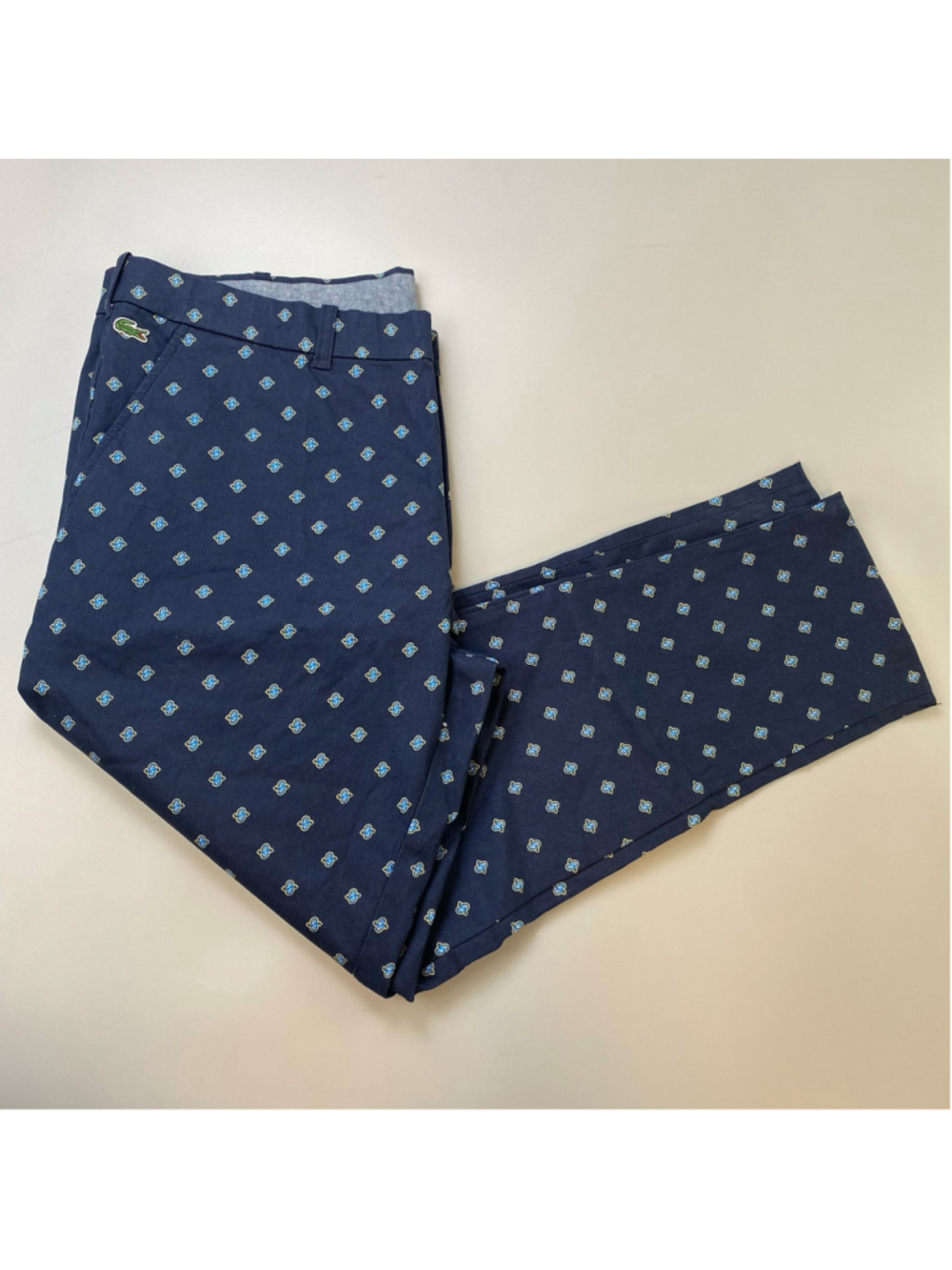 Lacoste L!VE Chino Pants Navy Blue Mens 36 x 34* HEMMED Microprint Preppy Casual